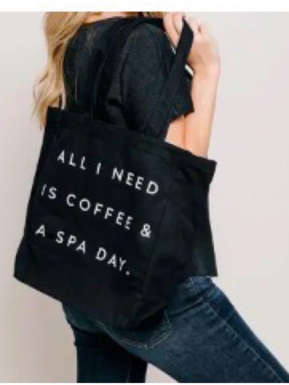 Black Canvas Tote Bag with White Quote Print